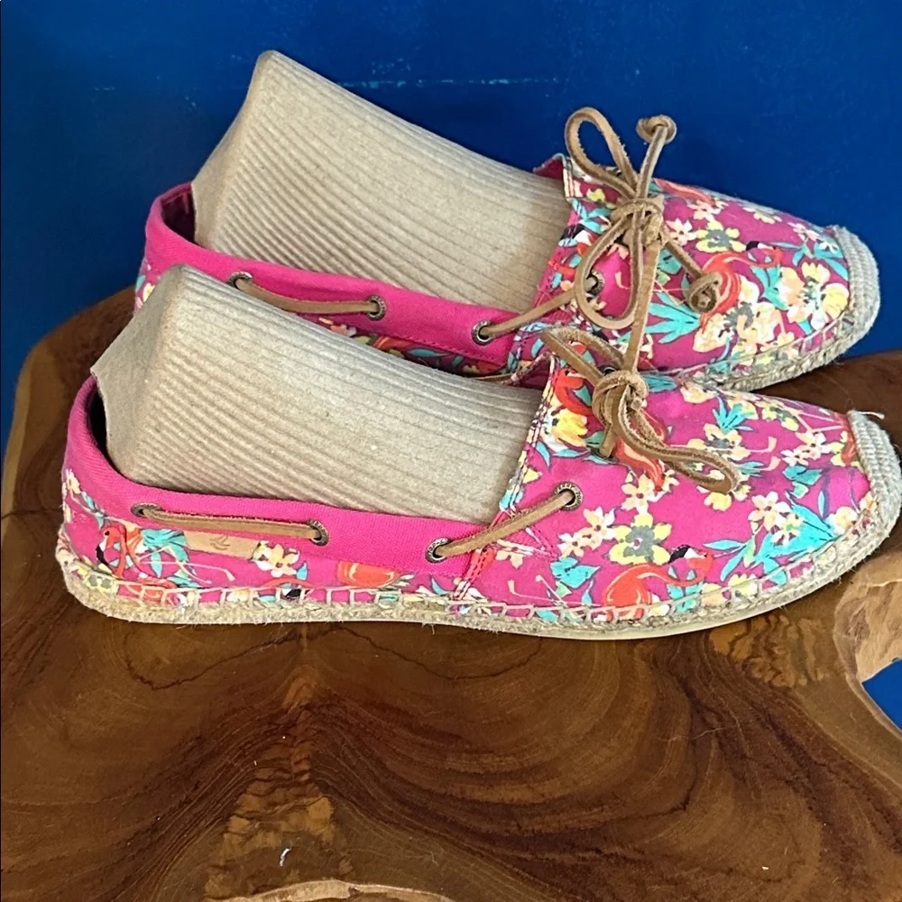 Women’s Sperry Top-Sider Canvas Espadrille Pink Floral & Flamingo Print Size 9.5